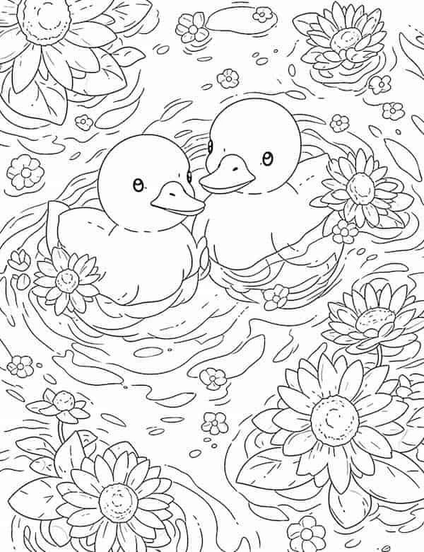 Two ducklings in a pond coloring page